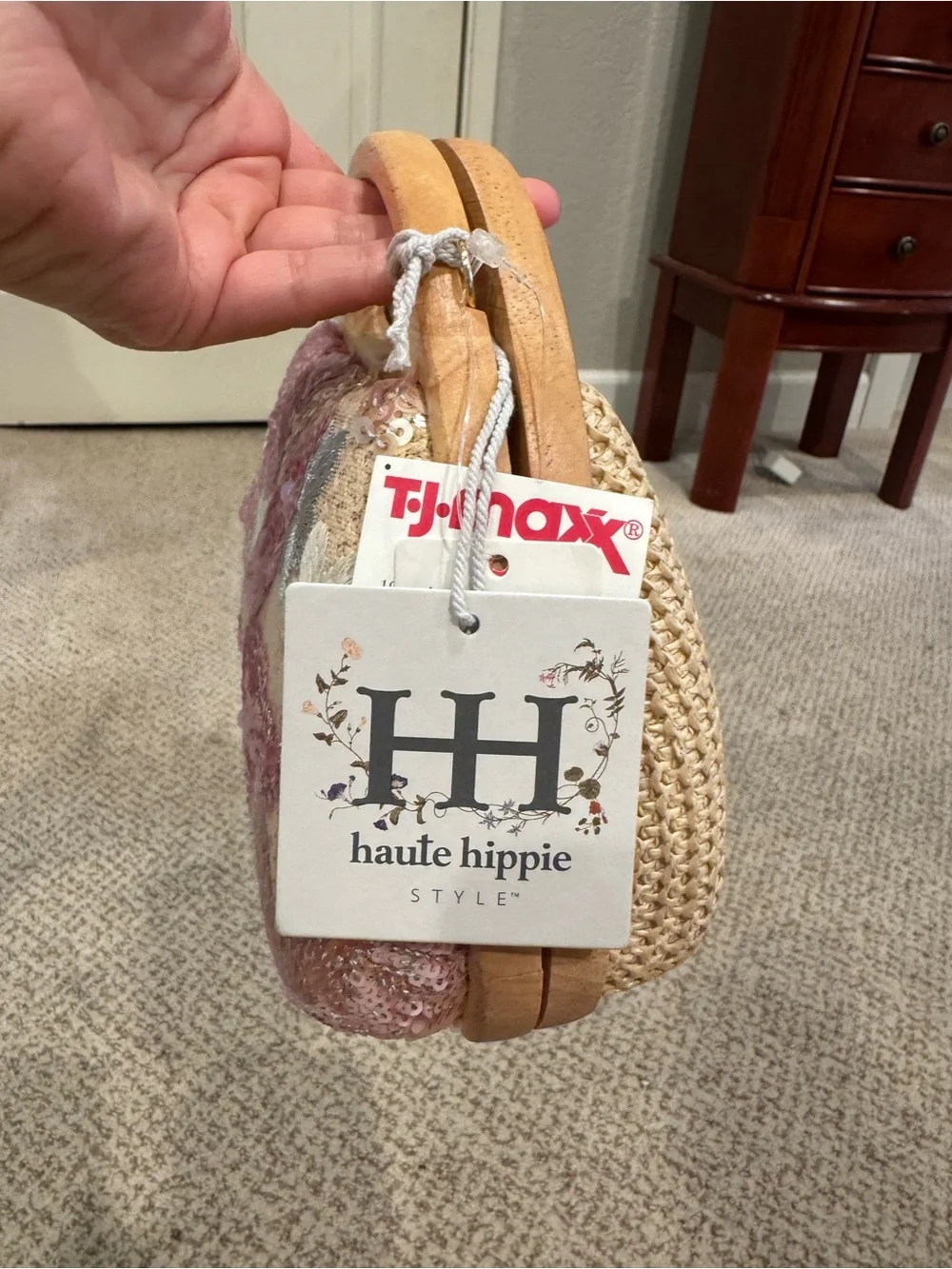 NEW Haute Hippie Pink Sequin Floral Wood-Handle Crossbody Bag Purse